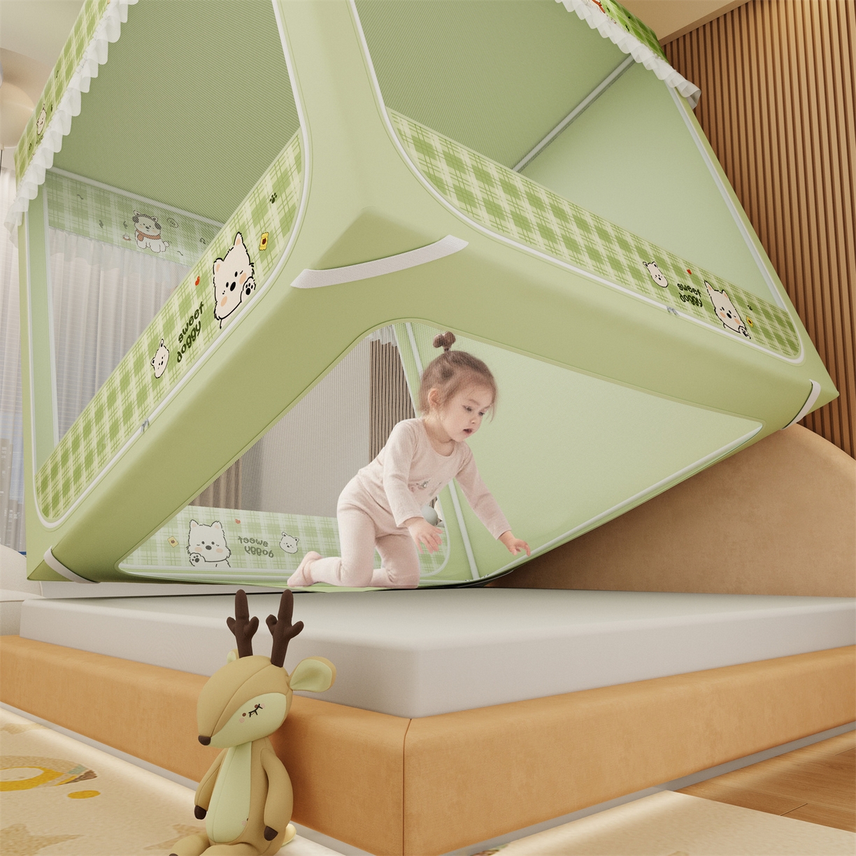 91家纺网 家纺一手货源 找家纺 艾晶美家纺有限公司 2025新款坐床家用卡通床帘遮光蚊帐 快乐小狗