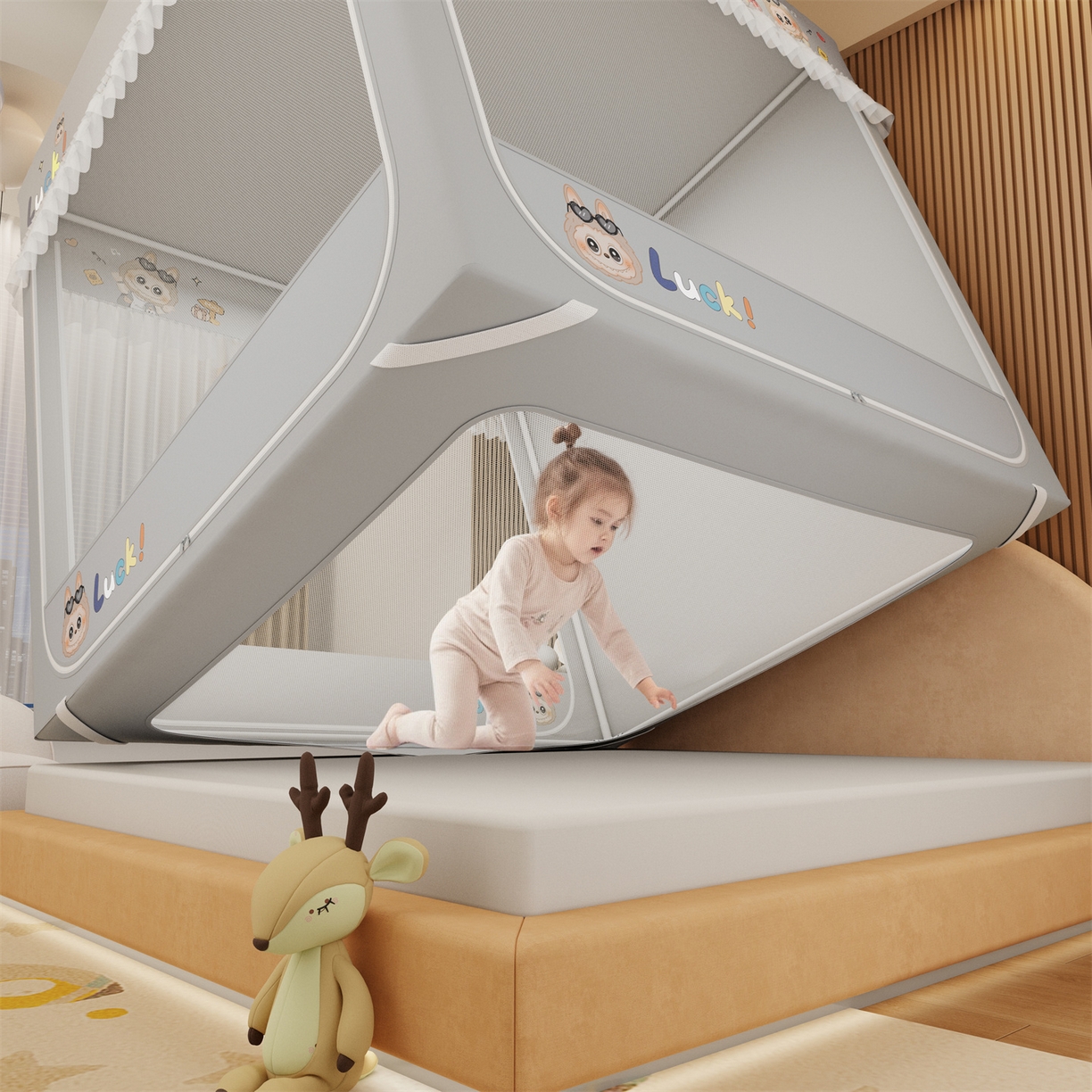 91家纺网 家纺一手货源 找家纺 艾晶美家纺有限公司 2025新款坐床家用卡通床帘遮光蚊帐 拉布布