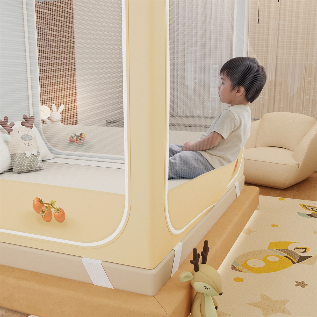 91家纺网 家纺一手货源 找家纺 艾晶美家纺有限公司 2025新款坐床家用卡通床帘遮光蚊帐 柿柿如意