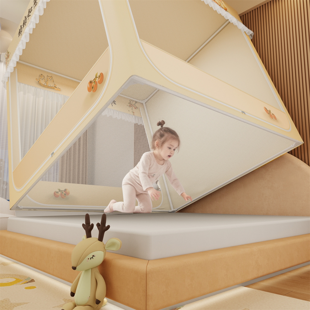 91家纺网 家纺一手货源 找家纺 艾晶美家纺有限公司 2025新款坐床家用卡通床帘遮光蚊帐 柿柿如意