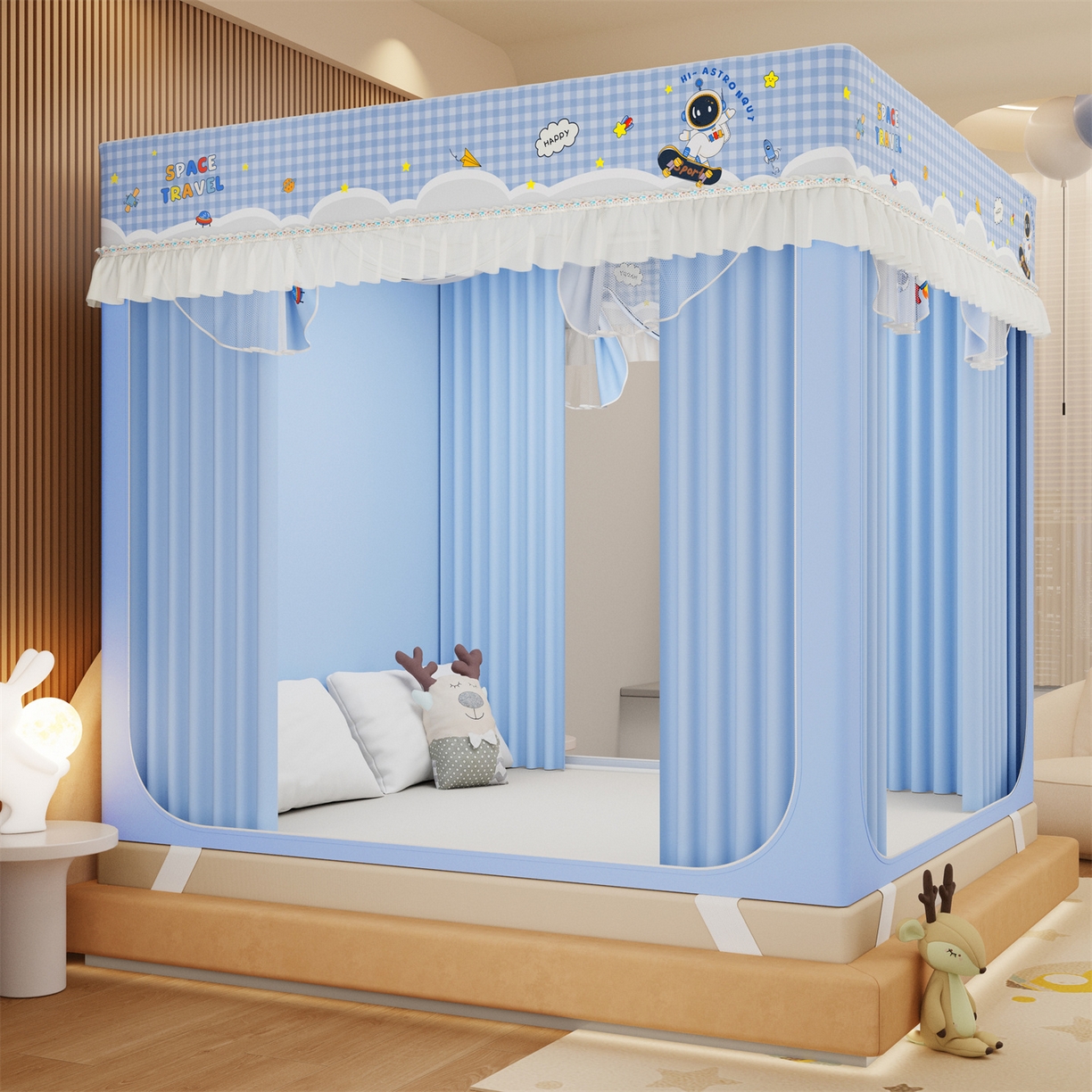 91家纺网 家纺一手货源 找家纺 艾晶美家纺有限公司 2025新款坐床家用卡通床帘遮光蚊帐 太空漫步