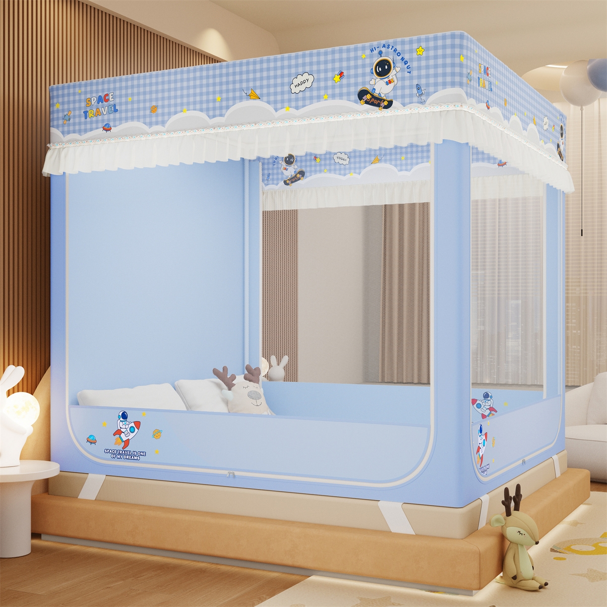 91家纺网 家纺一手货源 找家纺 艾晶美家纺有限公司 2025新款坐床家用卡通床帘遮光蚊帐 太空漫步