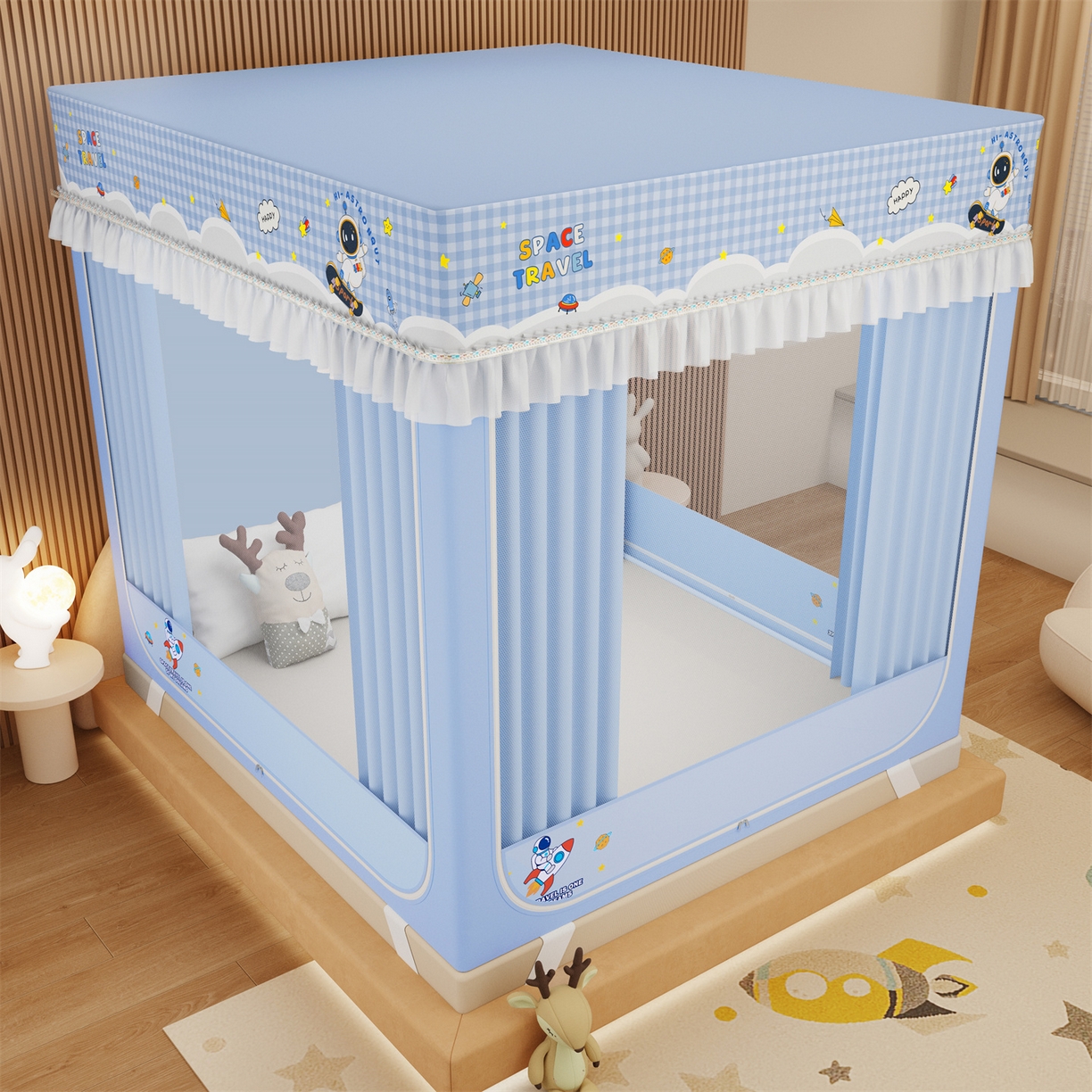 91家纺网 家纺一手货源 找家纺 艾晶美家纺有限公司 2025新款坐床家用卡通床帘遮光蚊帐 太空漫步