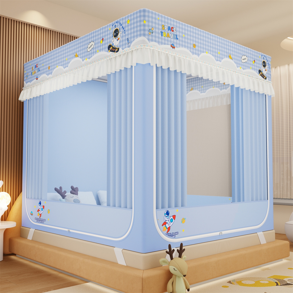 91家纺网 家纺一手货源 找家纺 艾晶美家纺有限公司 2025新款坐床家用卡通床帘遮光蚊帐 太空漫步