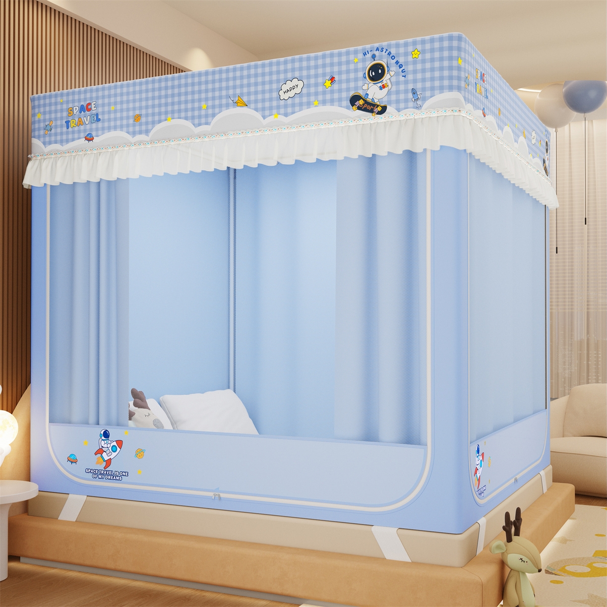 91家纺网 家纺一手货源 找家纺 艾晶美家纺有限公司 2025新款坐床家用卡通床帘遮光蚊帐 太空漫步