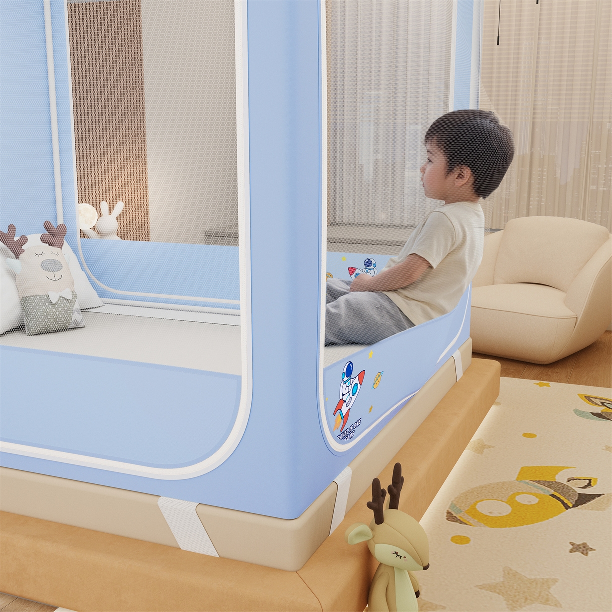 91家纺网 家纺一手货源 找家纺 艾晶美家纺有限公司 2025新款坐床家用卡通床帘遮光蚊帐 太空漫步