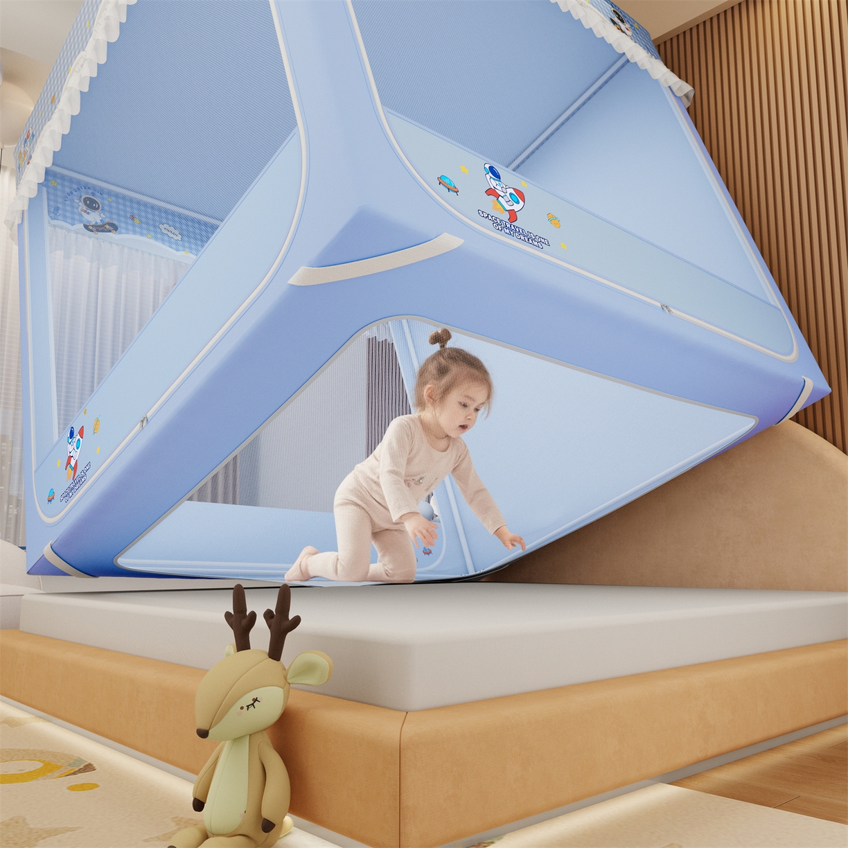 91家纺网 家纺一手货源 找家纺 艾晶美家纺有限公司 2025新款坐床家用卡通床帘遮光蚊帐 太空漫步