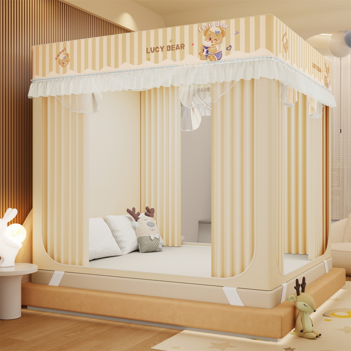 91家纺网 家纺一手货源 找家纺 艾晶美家纺有限公司 2025新款坐床家用卡通床帘遮光蚊帐 顽皮熊