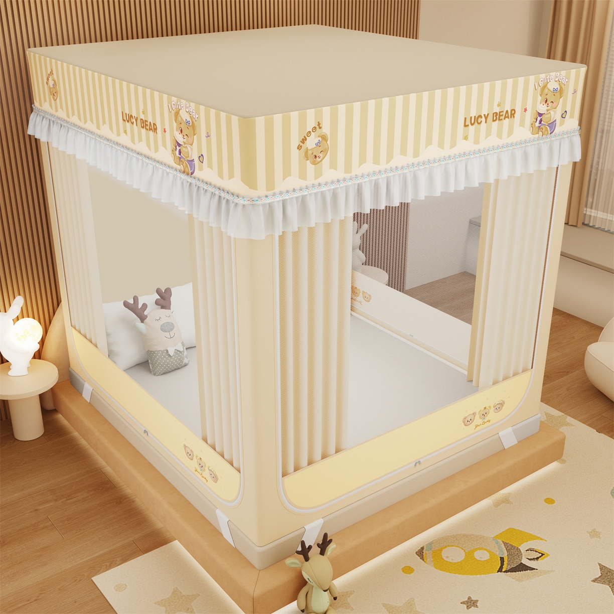 91家纺网 家纺一手货源 找家纺 艾晶美家纺有限公司 2025新款坐床家用卡通床帘遮光蚊帐 顽皮熊