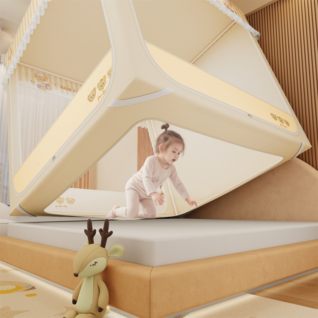 91家纺网 家纺一手货源 找家纺 艾晶美家纺有限公司 2025新款坐床家用卡通床帘遮光蚊帐 顽皮熊