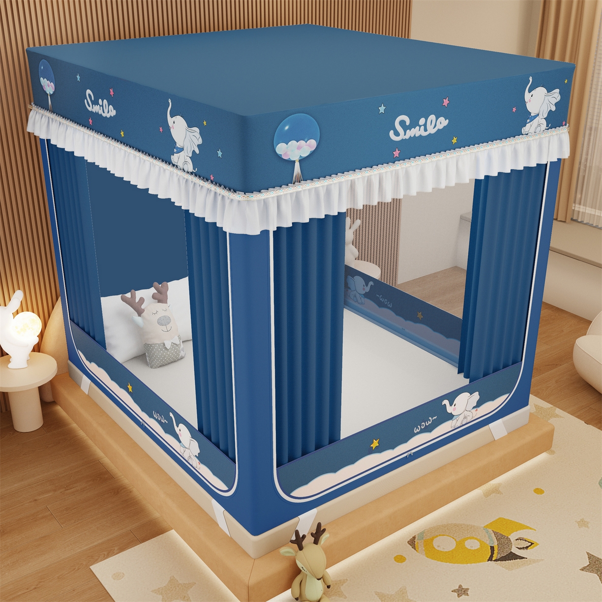 91家纺网 家纺一手货源 找家纺 艾晶美家纺有限公司 2025新款坐床家用卡通床帘遮光蚊帐 小灰象