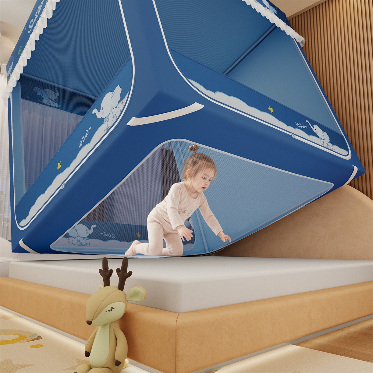 91家纺网 家纺一手货源 找家纺 艾晶美家纺有限公司 2025新款坐床家用卡通床帘遮光蚊帐 小灰象