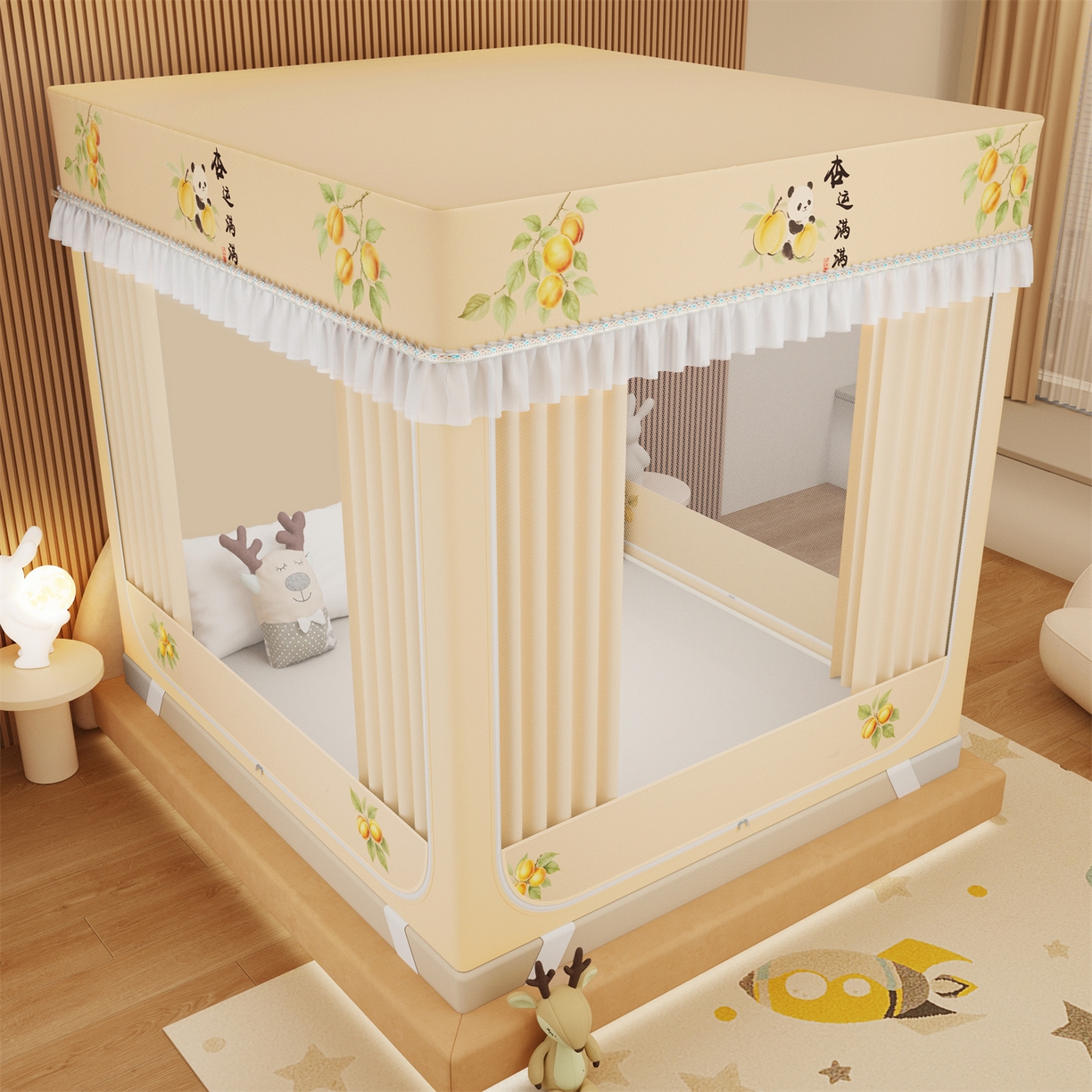 91家纺网 家纺一手货源 找家纺 艾晶美家纺有限公司 2025新款坐床家用卡通床帘遮光蚊帐 幸运满满