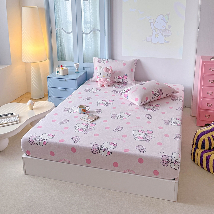 91家纺网 家纺一手货源 找家纺 爱丽丝 2025新款正版授权三丽鸥牛奶绒单品床笠枕套 泡泡凯蒂