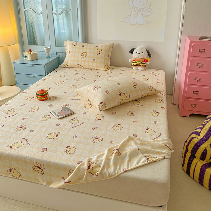 91家纺网 家纺一手货源 找家纺 爱丽丝 2025新款正版授权三丽鸥牛奶绒单品床笠枕套 焦糖布丁狗