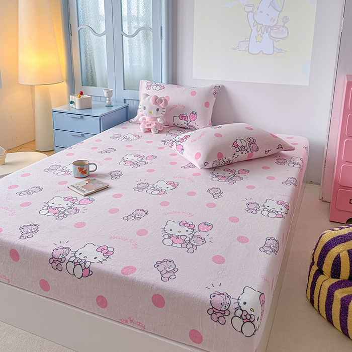 91家纺网 家纺一手货源 找家纺 爱丽丝 2025新款正版授权三丽鸥牛奶绒单品床笠枕套 泡泡凯蒂