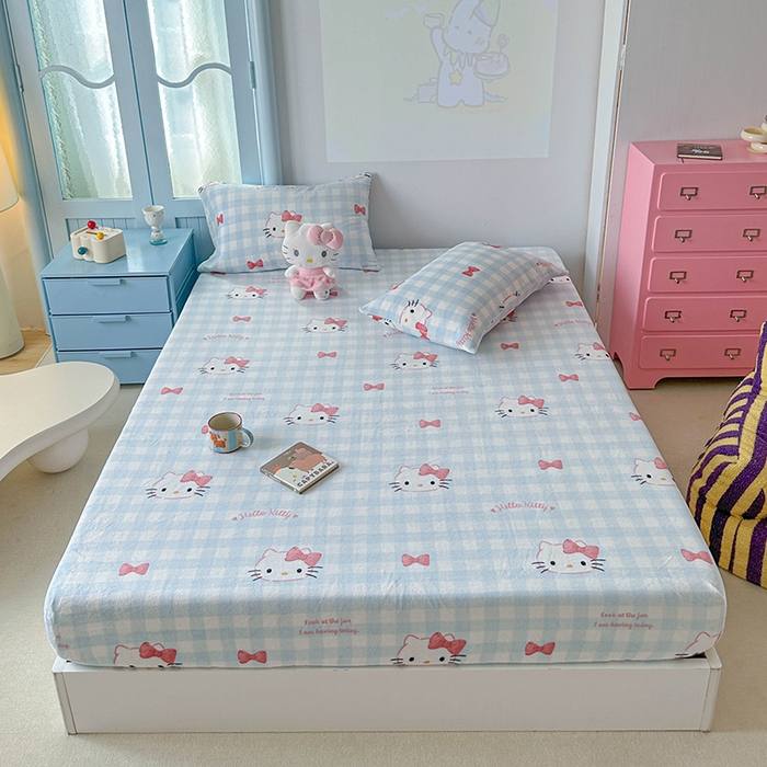 91家纺网 家纺一手货源 找家纺 爱丽丝 2025新款正版授权三丽鸥牛奶绒单品床笠枕套 乖巧凯蒂