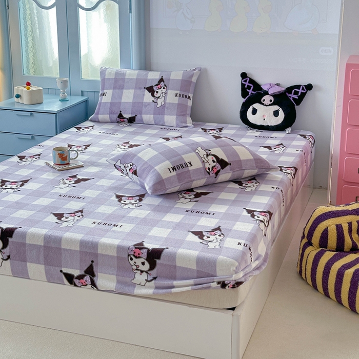 91家纺网 家纺一手货源 找家纺 爱丽丝 2025新款正版授权三丽鸥牛奶绒单品床笠枕套 格子库洛米