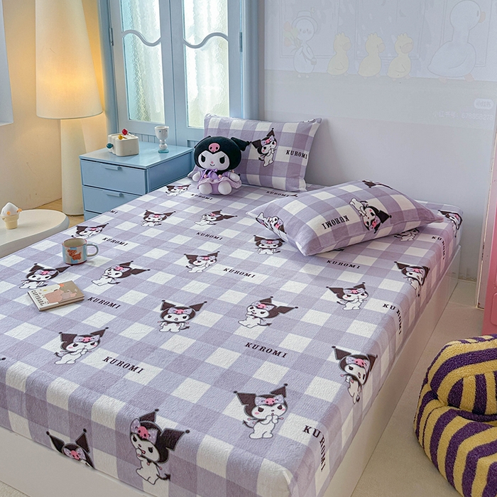 91家纺网 家纺一手货源 找家纺 爱丽丝 2025新款正版授权三丽鸥牛奶绒单品床笠枕套 格子库洛米