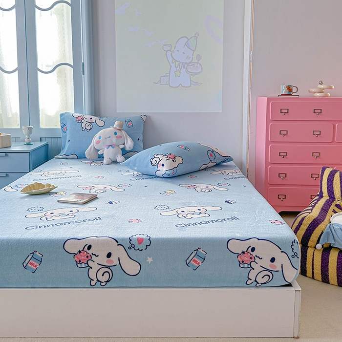 91家纺网 家纺一手货源 找家纺 爱丽丝 2025新款正版授权三丽鸥牛奶绒单品床笠枕套 甜品玉桂狗