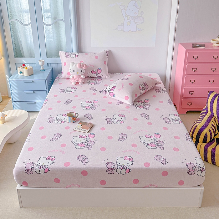 91家纺网 家纺一手货源 找家纺 爱丽丝 2025新款正版授权三丽鸥牛奶绒单品床笠枕套 泡泡凯蒂