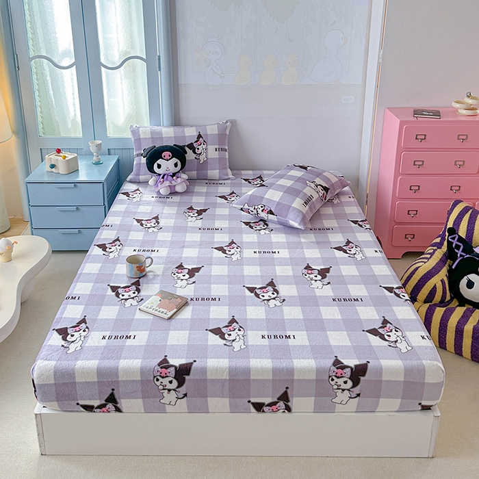 91家纺网 家纺一手货源 找家纺 爱丽丝 2025新款正版授权三丽鸥牛奶绒单品床笠枕套 格子库洛米