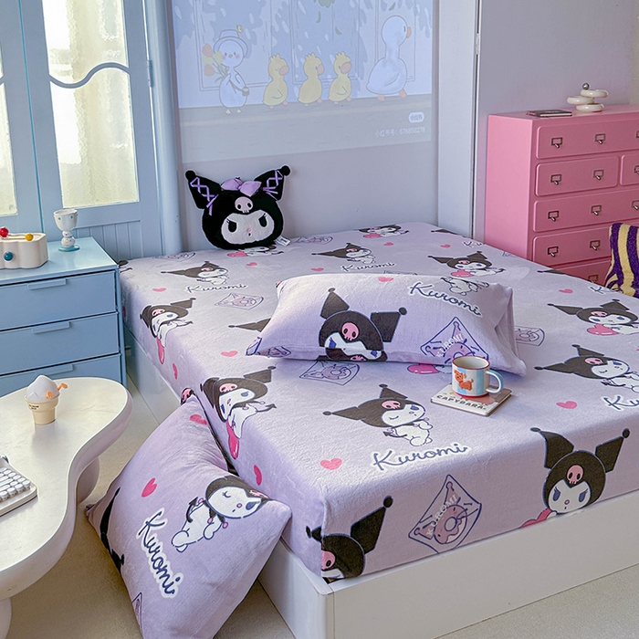 91家纺网 家纺一手货源 找家纺 爱丽丝 2025新款正版授权三丽鸥牛奶绒单品床笠枕套 情书库洛米