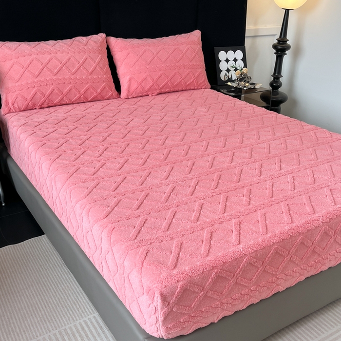 91家纺网 家纺一手货源 找家纺 米瑞娜 2025秋冬新款塔芙绒床笠三件套跨境单床笠外贸单品现货尺寸齐全 马尾型-玫红