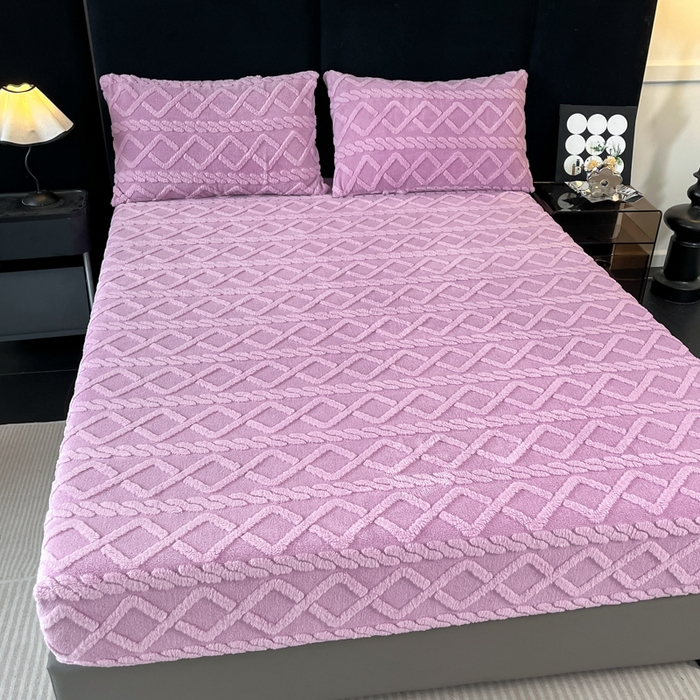 91家纺网 家纺一手货源 找家纺 米瑞娜 2025秋冬新款塔芙绒床笠三件套跨境单床笠外贸单品现货尺寸齐全 马尾型-浅紫