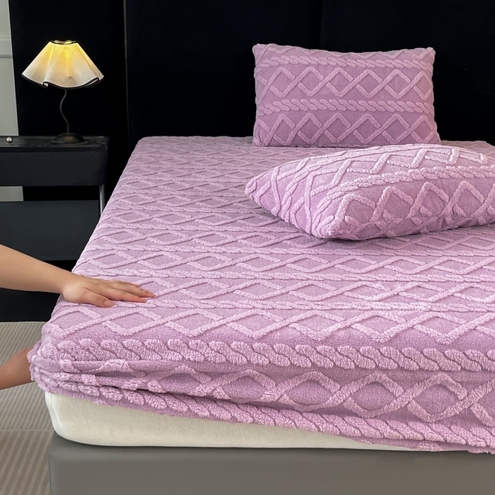 91家纺网 家纺一手货源 找家纺 米瑞娜 2025秋冬新款塔芙绒床笠三件套跨境单床笠外贸单品现货尺寸齐全 马尾型-浅紫