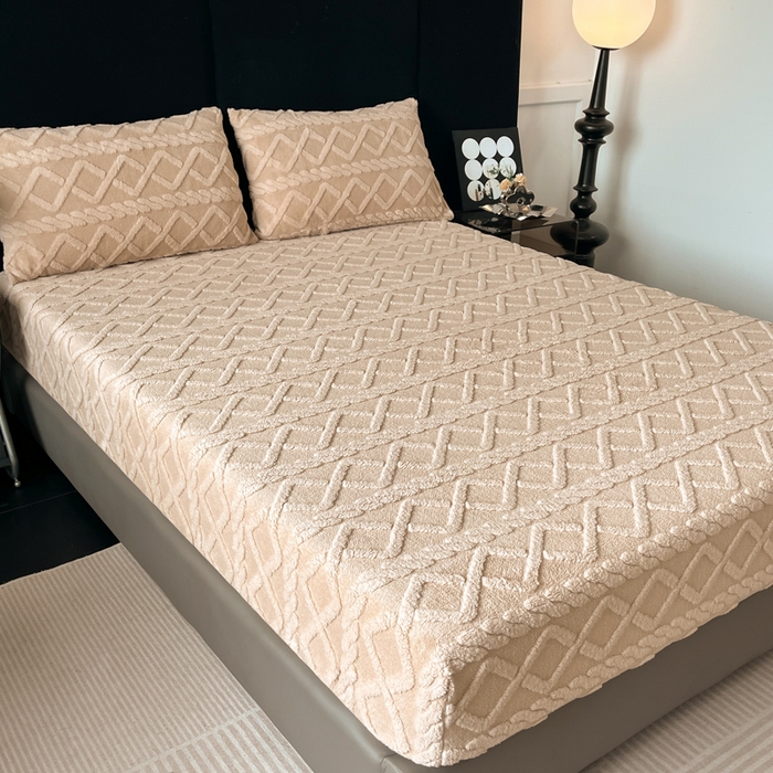 91家纺网 家纺一手货源 找家纺 米瑞娜 2025秋冬新款塔芙绒床笠三件套跨境单床笠外贸单品现货尺寸齐全 马尾型-卡其