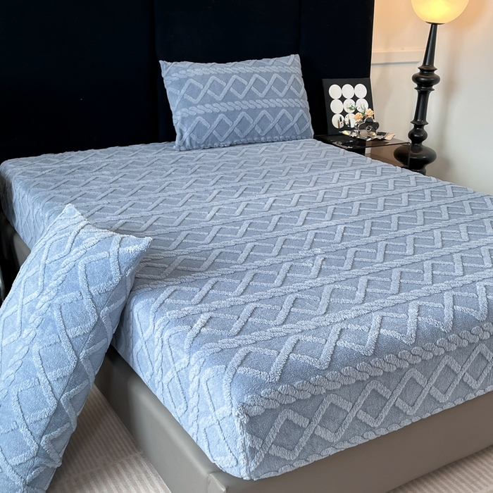 91家纺网 家纺一手货源 找家纺 米瑞娜 2025秋冬新款塔芙绒床笠三件套跨境单床笠外贸单品现货尺寸齐全 马尾型-蓝灰色