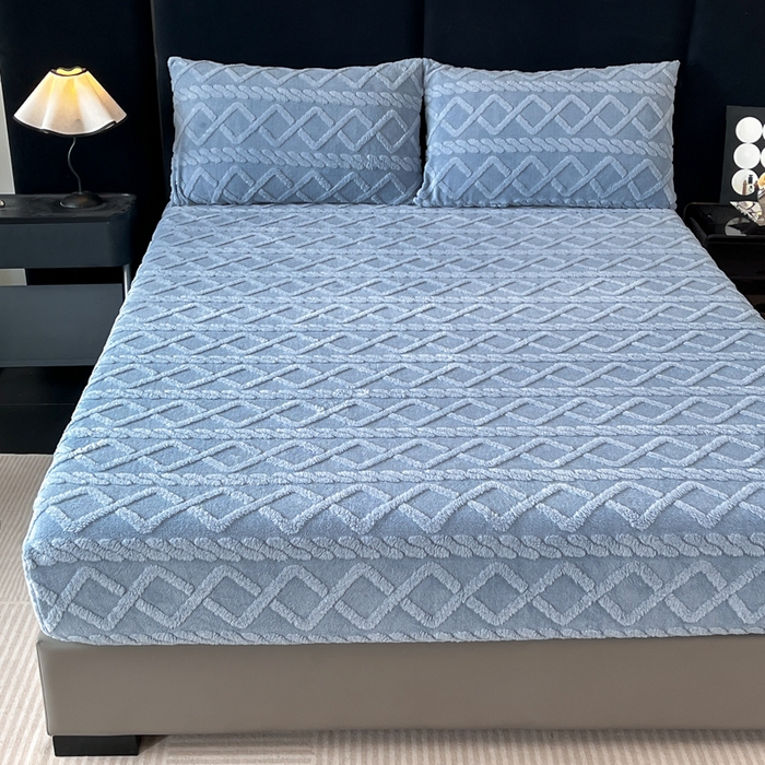 91家纺网 家纺一手货源 找家纺 米瑞娜 2025秋冬新款塔芙绒床笠三件套跨境单床笠外贸单品现货尺寸齐全 马尾型-蓝灰色