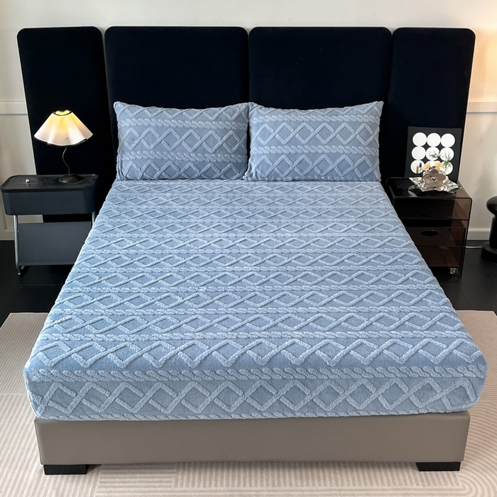 91家纺网 家纺一手货源 找家纺 米瑞娜 2025秋冬新款塔芙绒床笠三件套跨境单床笠外贸单品现货尺寸齐全 马尾型-蓝灰色