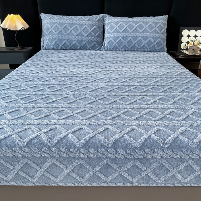 91家纺网 家纺一手货源 找家纺 米瑞娜 2025秋冬新款塔芙绒床笠三件套跨境单床笠外贸单品现货尺寸齐全 马尾型-蓝灰色