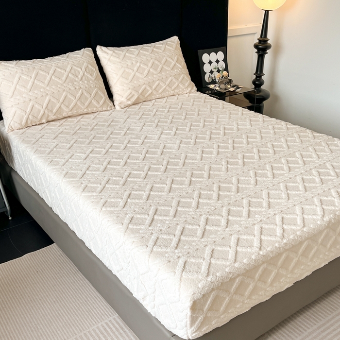 91家纺网 家纺一手货源 找家纺 米瑞娜 2025秋冬新款塔芙绒床笠三件套跨境单床笠外贸单品现货尺寸齐全 马尾型-白色