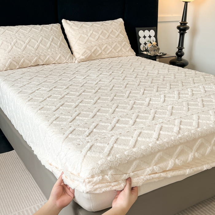 米瑞娜 2025秋冬新款塔芙绒床笠三件套跨境单床笠外贸单品现货尺寸齐全 马尾型-白色