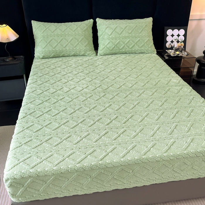 91家纺网 家纺一手货源 找家纺 米瑞娜 2025秋冬新款塔芙绒床笠三件套跨境单床笠外贸单品现货尺寸齐全 马尾型-果绿