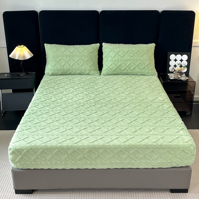 91家纺网 家纺一手货源 找家纺 米瑞娜 2025秋冬新款塔芙绒床笠三件套跨境单床笠外贸单品现货尺寸齐全 马尾型-果绿