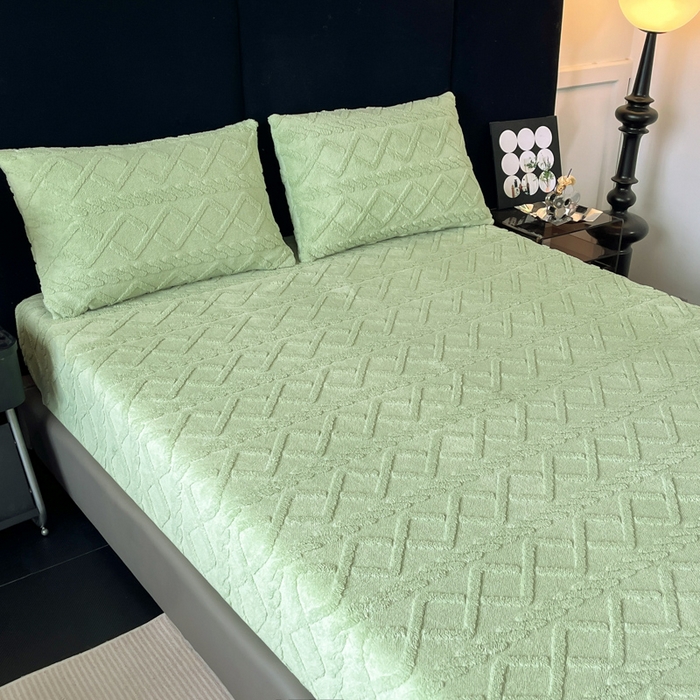 91家纺网 家纺一手货源 找家纺 米瑞娜 2025秋冬新款塔芙绒床笠三件套跨境单床笠外贸单品现货尺寸齐全 马尾型-果绿