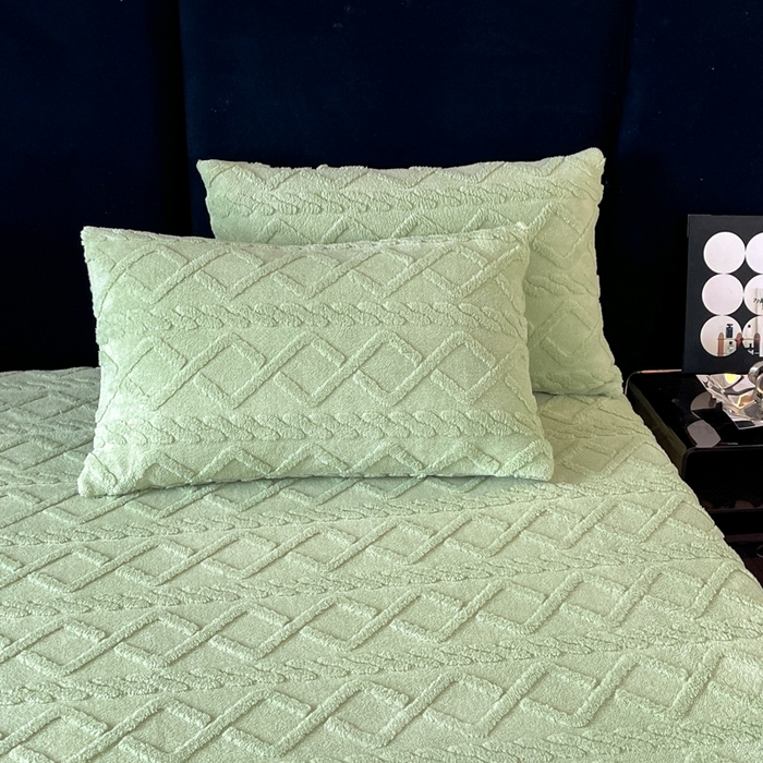 91家纺网 家纺一手货源 找家纺 米瑞娜 2025秋冬新款塔芙绒床笠三件套跨境单床笠外贸单品现货尺寸齐全 马尾型-果绿