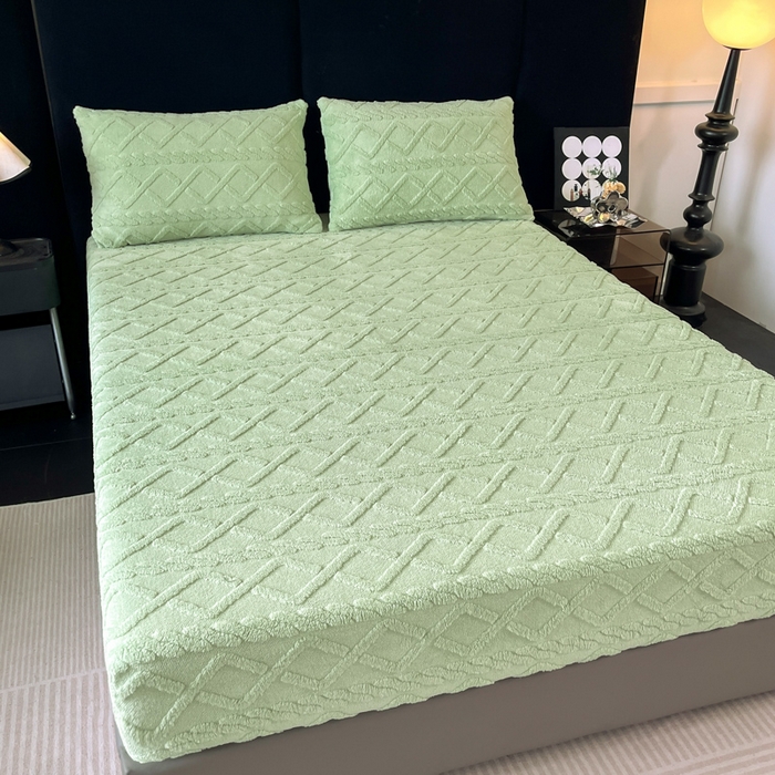 91家纺网 家纺一手货源 找家纺 米瑞娜 2025秋冬新款塔芙绒床笠三件套跨境单床笠外贸单品现货尺寸齐全 马尾型-果绿