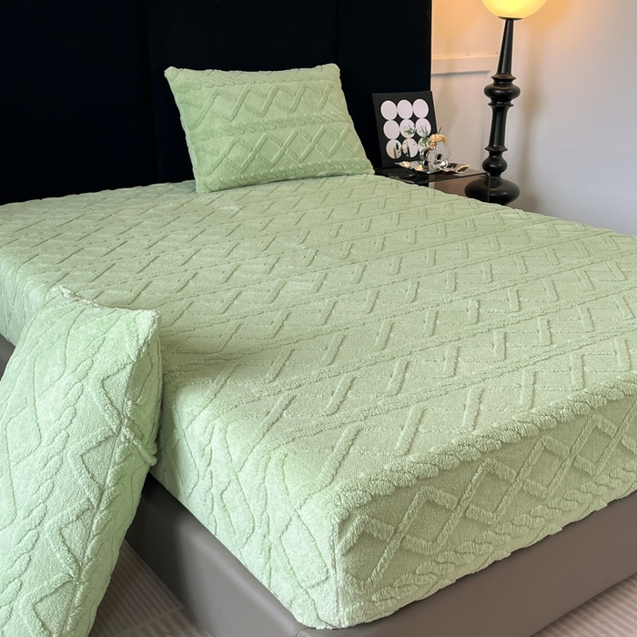 91家纺网 家纺一手货源 找家纺 米瑞娜 2025秋冬新款塔芙绒床笠三件套跨境单床笠外贸单品现货尺寸齐全 马尾型-果绿