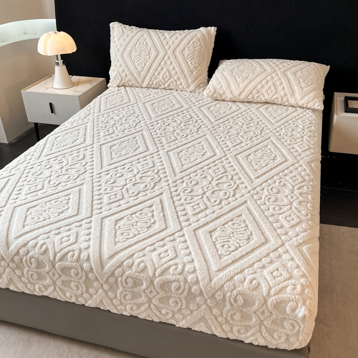 91家纺网 家纺一手货源 找家纺 米瑞娜 2025秋冬新款塔芙绒床笠三件套跨境单床笠外贸单品现货尺寸齐全 欧式床笠-白色