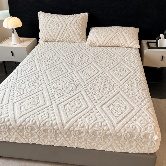 91家纺网 家纺一手货源 找家纺 米瑞娜 2025秋冬新款塔芙绒床笠三件套跨境单床笠外贸单品现货尺寸齐全 欧式床笠-白色