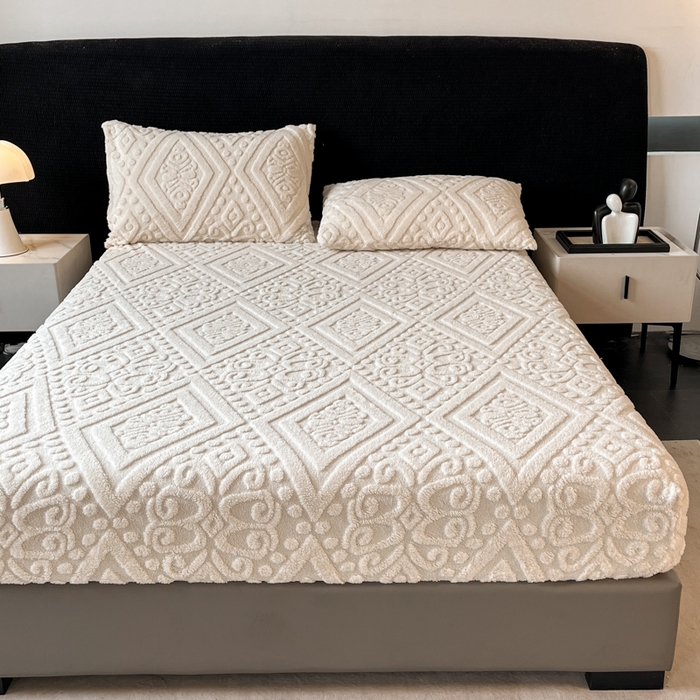 91家纺网 家纺一手货源 找家纺 米瑞娜 2025秋冬新款塔芙绒床笠三件套跨境单床笠外贸单品现货尺寸齐全 欧式床笠-白色