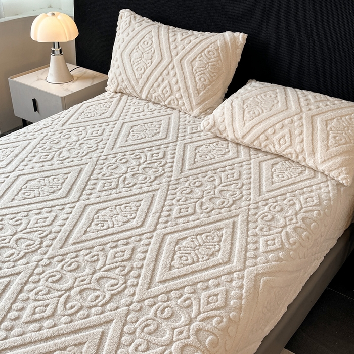 91家纺网 家纺一手货源 找家纺 米瑞娜 2025秋冬新款塔芙绒床笠三件套跨境单床笠外贸单品现货尺寸齐全 欧式床笠-白色