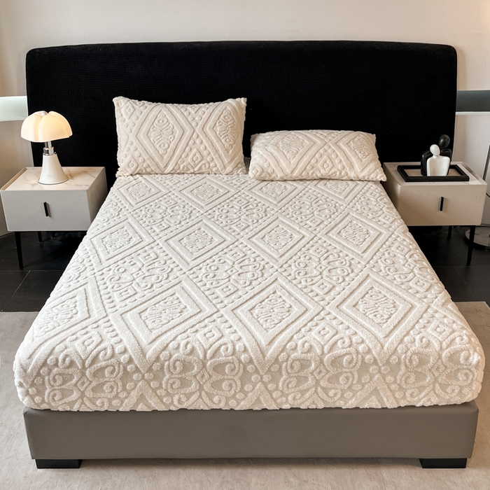 91家纺网 家纺一手货源 找家纺 米瑞娜 2025秋冬新款塔芙绒床笠三件套跨境单床笠外贸单品现货尺寸齐全 欧式床笠-白色