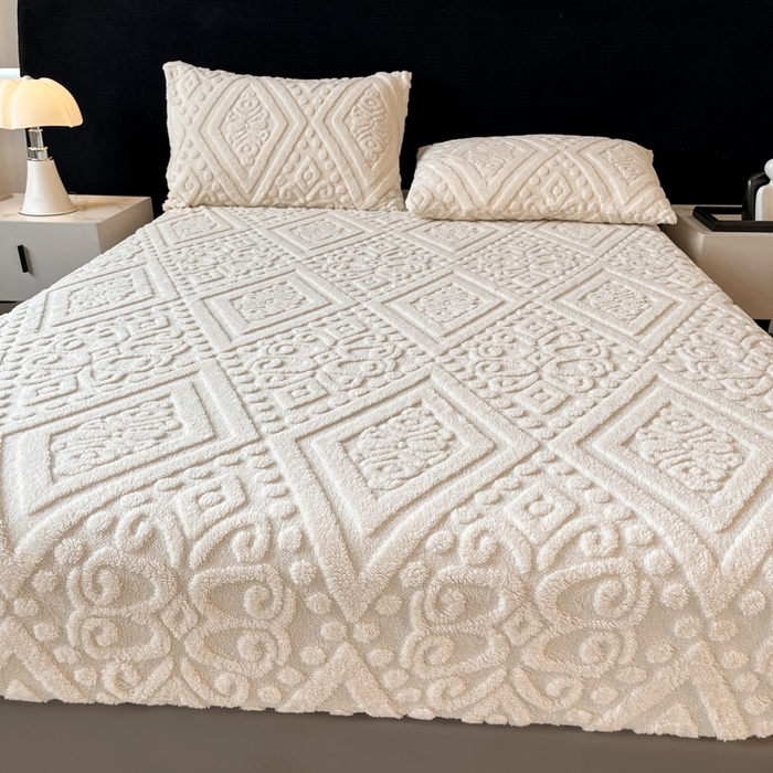 91家纺网 家纺一手货源 找家纺 米瑞娜 2025秋冬新款塔芙绒床笠三件套跨境单床笠外贸单品现货尺寸齐全 欧式床笠-白色