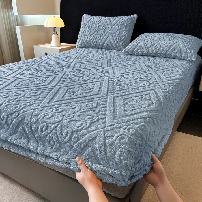 91家纺网 家纺一手货源 找家纺 米瑞娜 2025秋冬新款塔芙绒床笠三件套跨境单床笠外贸单品现货尺寸齐全 欧式床笠-蓝灰